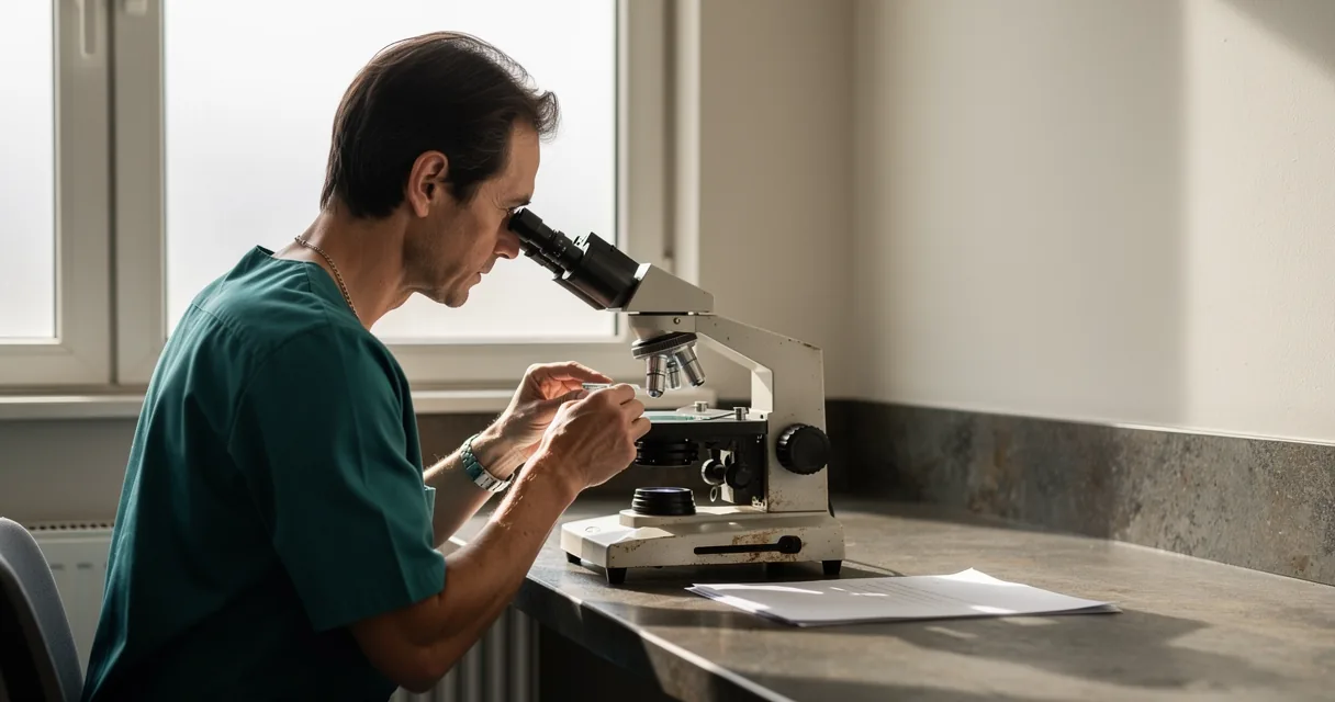 A laboratory technician examines a glass slide at a microscope beside a daylight window