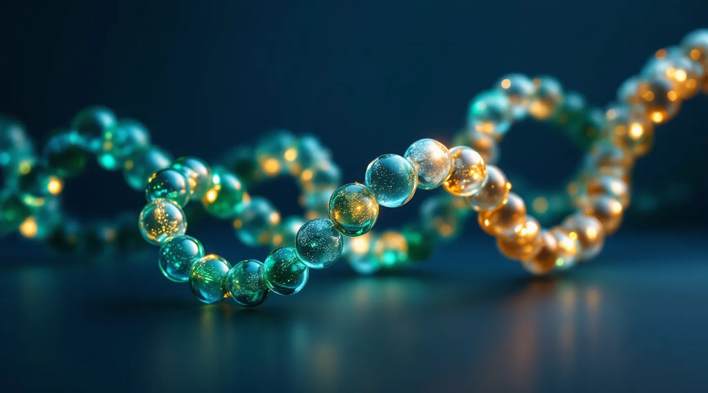 Hyperreal 3D render of three braided luminous peptide forms in emerald, frosted glass, and gold on graduated navy