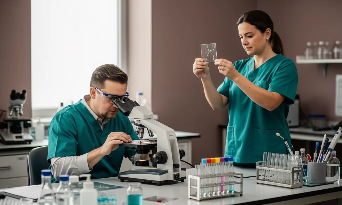 Two laboratory workers compare glass slides at a sunlit bench with a microscope between them