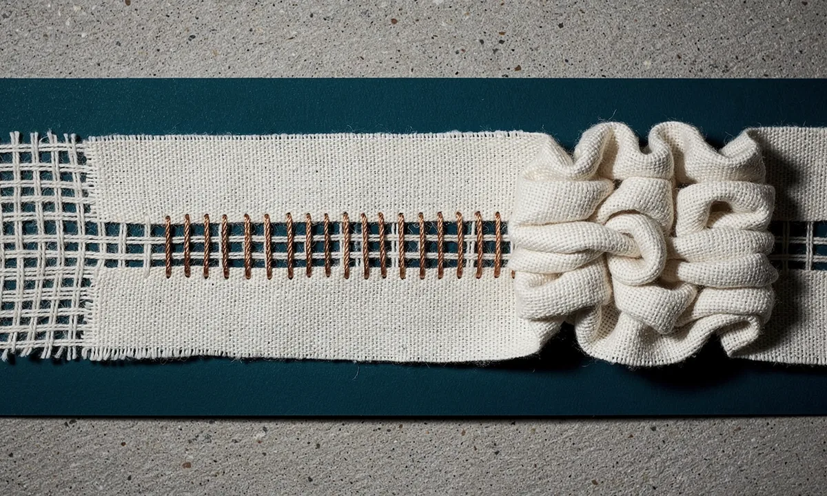 A textile illustration contrasts an open linen weave, an orderly mend and a dense puckered patch